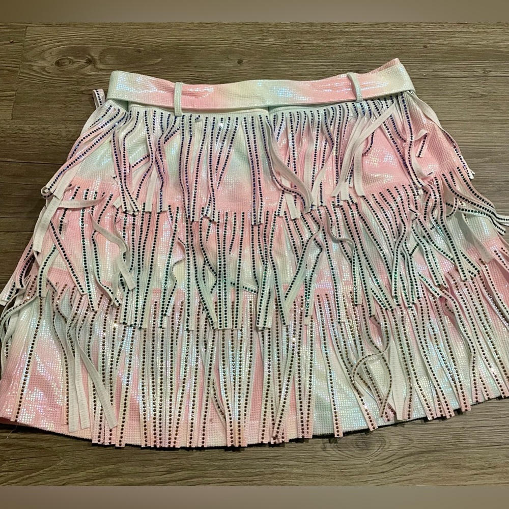 NWT Queen of Sparkles Mardi Gras Leather Fringe Belt Skort - Picture 11 of 13
